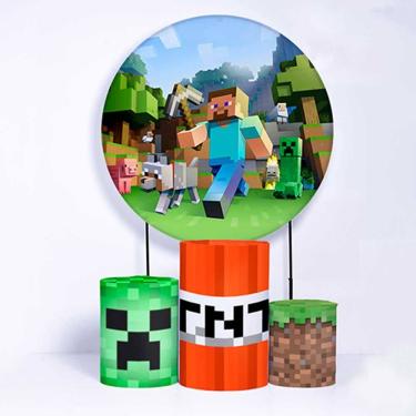 Imagem de Kit Painel de Festa Redondo e Trio de Cilindros Mine Craft Tema 2 - Fera Print