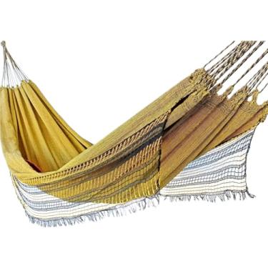 Imagem de Rede De Descanso Dormir Balanço Casal Reforçada Grande 4m x 1,4m - Ideal Para Camping, Hotel, Praia, Acampamento, Jardim, Varanda, Sítio, Chácara, Apartamento, Viagem (Amarelo Meclado Com Varanda)