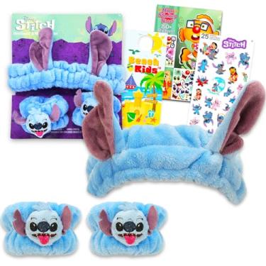 Imagem de Disney Conjunto de acessórios de cabelo Stitch para meninas – Conjunto com faixa de cabeça de pelúcia com orelhas e pulseiras de pelúcia, mais adesivos | Acessórios de cabelo Stitch para mulheres