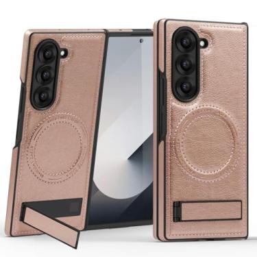 Imagem de MVVKKY Para Samsung Z Fold6 Capa de couro PU com ímãs e suporte magnético para câmera (para Samsung Z Fold6/ouro rosa)