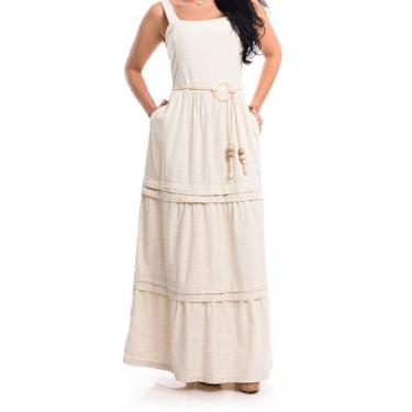 Imagem de Vestido Longo Com Linho E Cinto Cordao - RESTRITO JEANS, 48, Bege