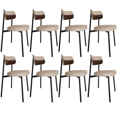 Imagem de Kit 08 Cadeiras Estofada Para Sala De Jantar Astrid Preto C01 Linho Areia Courino Whisky - Lyam Decor