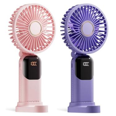 Imagem de Ventilador portátil Gockera, ventilador operado por bateria de 4200 mAh, 5 velocidades e display digital, ventiladores de maquiagem com base, para mulheres, ventilador portátil 3 em 1, dobrável, 180°