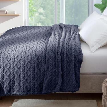 Imagem de Cobertor Manta Casal Microfibra Toque Macio 2,20mx1,80m Tricot Azul Fo