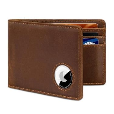 Imagem de BROSHOPP Carteira AirTag masculina, carteira AirTag de couro legítimo dobrável com bloqueio de RFID, compartimento para identidade, suporte compatível com Apple Air Tag, Marrom, Retrô