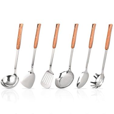 Imagem de FJNATINH Utensílios Wok – Conjunto de 6 peças de utensílios de cozinha de aço inoxidável, inclui escumadeira, concha de sopa, espátula wok, servidor de espaguete, espátula com fenda e colher sólida