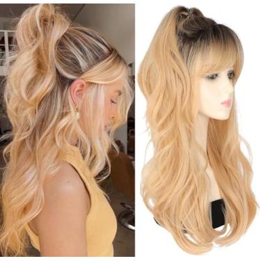 Imagem de Luxclipse Peruca De Rabo Cavalo Alto, Cacheada E Ondulada 24" Com Franja Para Meninas, Uso Diário, Perucas Substituição Cabelo, Aparência Natural, Fantasia Colorida (Loiro Descolorido, Preto)