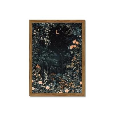 Imagem de Arte de parede botânica vintage lua escura William Morris pinturas de decoração de parede floresta noturna, textura 3D, arenito desenhado à mão, arte de flor cottagecore para sala de estar, quarto, 40