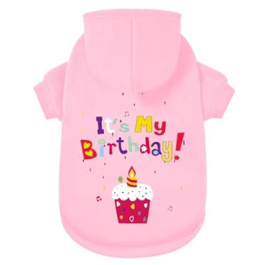 Imagem de GreenJoy Suéter de cachorro com capuz para cachorro casaco de clima frio moletom com capuz para filhotes, gatos, cães pequenos, médios e grandes (rosa (It's My Birthday), GG)