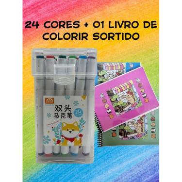 Imagem de Canetinha para pintar bobi gudi 24 cores + livro de colorir canetinha ponta dupla papelaria 