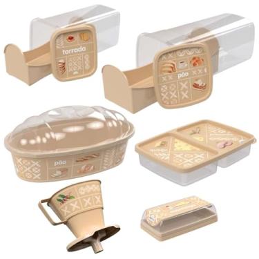 Imagem de Kit 6 PEÇAS - Porta Pão de Forma + Porta Torradas c/Gaveta Deslizante + Porta Pães Oval + Porta Frios 2 Div + Manteigueira + Suporte Filtro 103 - Bege Decorado Café Colonial Plasútil