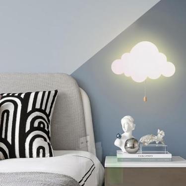 Imagem de GZZBMY Luminária de parede LED moderna em forma de nuvem com interruptor de cabo de puxar lâmpada de parede de metal operada por bateria recarregável por USB arandela de parede infantil presentes