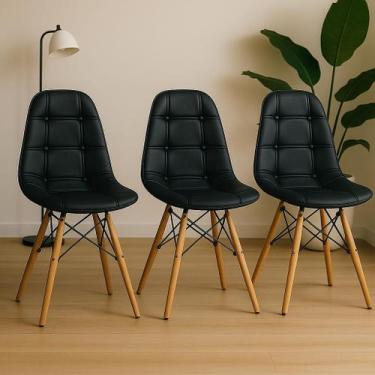 Imagem de Kit 3 Cadeiras Charles Eames Eiffel Botone Base Madeira Preta - Cadeir