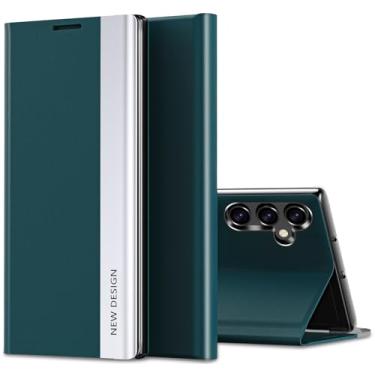 Imagem de Capa flip para Samsung Galaxy S25 Plus S View, galvanoplastia de luxo ultrafina para Samsung S25 Plus, capa flip flip híbrida à prova de choque PU e PC S25 Plus 6,7 polegadas Smartphone (verde)