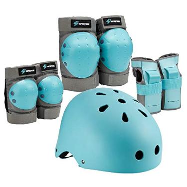 Imagem de Capacete de bicicleta Spofine Kids, capacete infantil ajustável para crianças jovens adultos, joelheiras cotoveleiras protetores de pulso crianças conjunto de equipamentos de proteção para skate, bicicleta, patinação no role, ciclismo, scooter, patins, Azul, Small