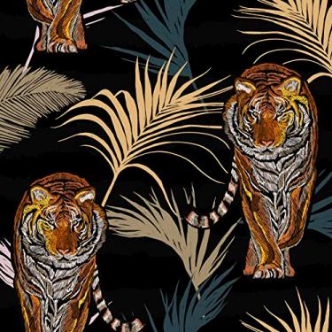 Imagem de Papel De Parede Adesivo Preto Tigre De Bengala Folhas Coloridas 12m