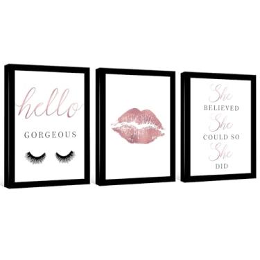 Imagem de Arte em tela de maquiagem, decoração de parede, salão de beleza, arte de parede, cílios, fotos, ouro rosa, moderno, pôster, batom, lábios, cílios para mulheres, decoração de quarto de menina, moldura