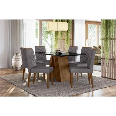 Imagem de Mesa de Jantar 135x90cm Ambiente Fernanda com Vidro Imbuia Preto e 6 Cadeiras Caroline Imbuia Veludo Cinza - New Ceval