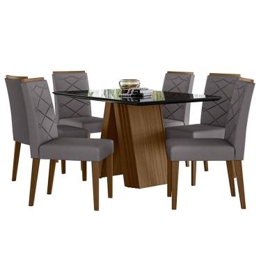 Imagem de Mesa de Jantar 135x90cm Fernanda com Vidro Imbuia Preto e 6 Cadeiras Caroline Imbuia Veludo Cinza - New Ceval