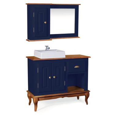 Imagem de Gabinete para Banheiro 2 Portas com Cuba e Espelheira Dália 3058 - Azul Petróleo/Imbuia Glazer