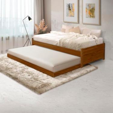 Imagem de Bicama Solteiro Estilo Funcional em Madeira Maciça Cama Inferior com Rodinhas e Acabamento Refinado (Castanho)