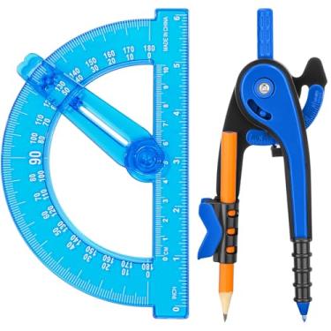 Imagem de Zonon Conjunto de bússola e transferidor de geometria estudantil, bússola de desenho e transferidores de braço oscilante transparente de 15 cm transferidor de matemática de 180 graus (azul)