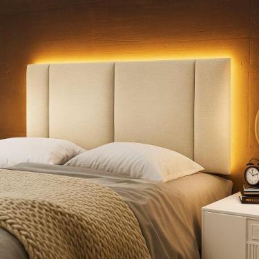 Imagem de Cabeceira Painel Cama Box Casal Padrão Siri 140cm com LED Linho Bege -