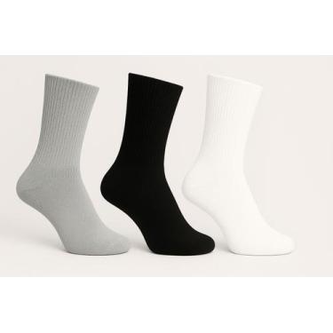 Imagem de Kit 3 Pares Meias Cano Alto Algodão Canelada Unissex  Macia, Durável e