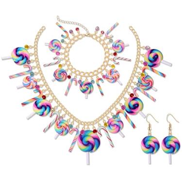 Imagem de ZITULRY Conjunto de joias de bengala doce pirulito novidade colorido bengala doce colar pingente de pirulito pulseira da amizade brincos pendurados divertidos aniversário Halloween Natal feriado festa