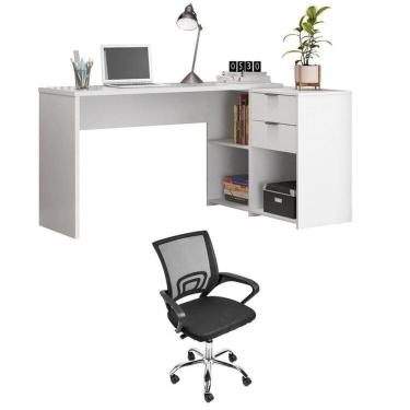 Imagem de Conjunto Escritório 1 Mesa em L 2 Gavetas 3 Nichos Office 1 Cadeira de Escritório Diretor Tok Branco/Preto