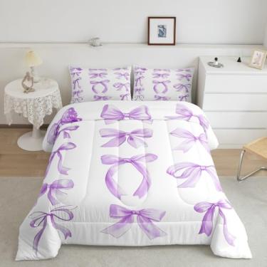Imagem de Feelyou Conjunto de edredom com laço, solteiro, estilo princesa sonhadora, aquarela, gravata borboleta, nó de príncipes, conjunto de edredom roxo claro