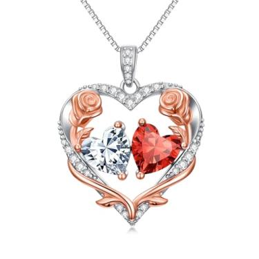 Imagem de Zoeniya Colar de coração rosa, presente para mulheres, banhado a ouro branco 18 k, pedra do mês de nascimento de 12 meses, presente de aniversário e Natal para sua esposa, namorada, 25mm, base