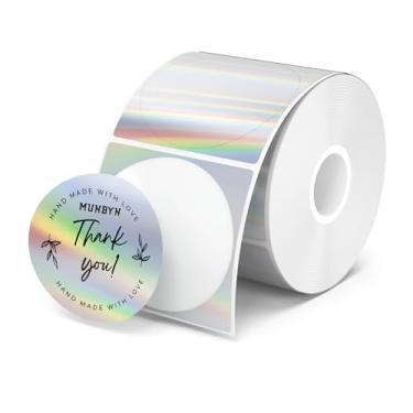 Imagem de MUNBYN Etiquetas térmicas holográficas circulares de 5 cm, etiquetas adesivas redondas para impressora térmica com glitter arco-íris para embrulho de presente, etiqueta de preço com nome autoadesivo