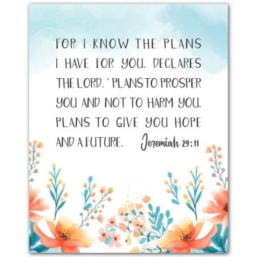 Imagem de ZUKIY Arte de escritura floral de planos esperançosos - Jeremias 29 11 Pôster versículo da Bíblia - Impressão de arte de parede cristã sem moldura 20x25 - Decoração religiosa floral rosa para quarto