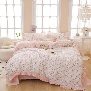 Imagem de HighBuy Conjunto de edredom com babados, branco, rosa, floral, confortável, macio, para meninas, meninos, coquete, cottagecore, listras, 1 edredom fofo com babados e 2 fronhas