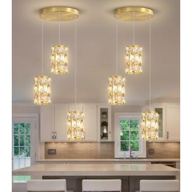 Imagem de 3 luzes pendentes de cristal modernas para ilha de cozinha LED regulável glamourosa lustre de iluminação pendente para sala de jantar corredor lâmpada de canto dourada