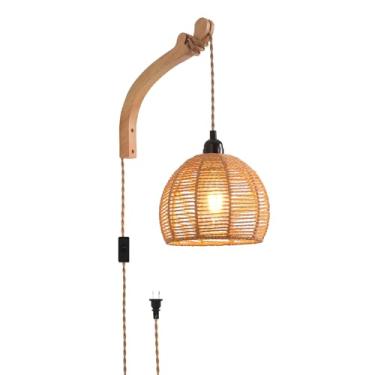 Imagem de CAFULAM Arandelas de parede conectadas, plugue de lâmpada de parede de vime para casa de fazenda, luz de parede de vime tecida à mão, iluminação de parede rústica boho para sala de estar quarto