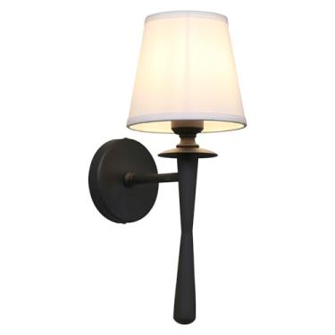 Imagem de PERMO Arandela de parede vintage com abajur têxtil branco clássico arandelas pretas com fio base E26 luminária de parede para quarto, sala de estar, corredor, hall de entrada