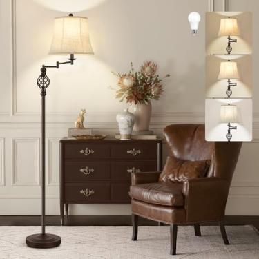 Imagem de GyroVu Luminária de chão de 3 cores com temperatura de 350°, lâmpada de chão com braço oscilante ajustável tradicional de 350°, lâmpada vintage de casa de fazenda para salas de estar, lâmpada de pé