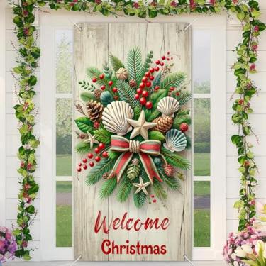 Imagem de BlissYard Capa de porta de boas-vindas de Natal, 89 x 188 cm, banners de porta de varanda, decoração de inverno, guirlanda costeira com pinhas, frutas vermelhas para decoração interna e externa