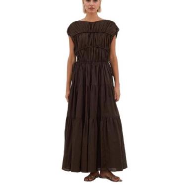 Imagem de Vestido maxi calbático feminino plissado, franzido, em camadas, marrom
