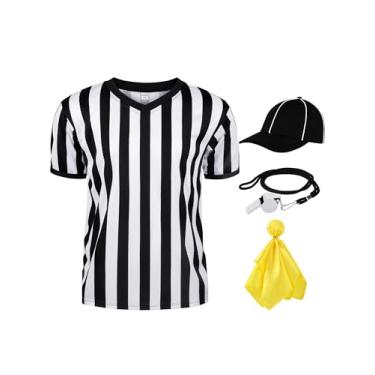 Imagem de JORHIG Camisa de árbitro de 4 peças, fantasia de árbitro masculina e feminina gola V Ref Chapéu Ref Apito Bandeira de penalidade para jogador de futebol conjunto A GG