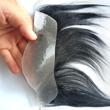 Imagem de Choshim Peças de cabelo humano para homens PU pele fina em forma de V sistema de substituição de cabelo natural peruca frontal masculina cor preta natural (3 x 15 cm, base de poliuretano para pele)