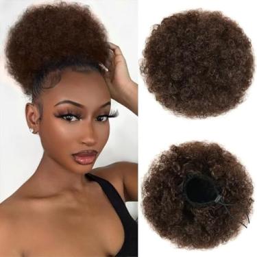 Imagem de Cabelo humano cacheado crespo marrom afro rabo de cavalo para mulheres, apliques de cabelo cacheado donut chignon envoltório com cordões e 2 clipes tamanho médio updo extensões de cabelo cor loira (15
