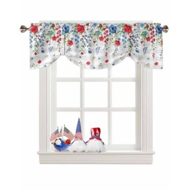 Imagem de Cortinas de amarrar papoula azul vermelha para janelas, Dia da Independência flor eucalipto cinza xadrez haste bolso de varão, tratamento de janela curta ajustável para cozinha, sala de estar