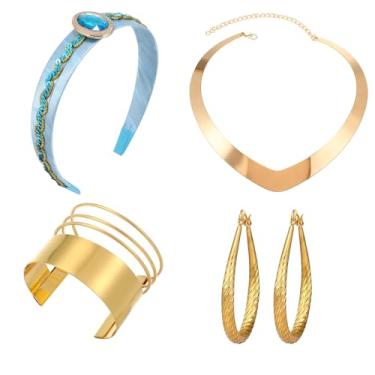 Imagem de Qwensyl Fantasia de princesa árabe, faixa de cabeça de princesa, gargantilha grossa, brincos de braço, bijuteria de cosplay de príncipes árabes de Halloween para mulheres, ONE SIZE, Metal, Sem Pedra