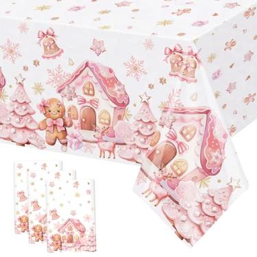 Imagem de MEHOFOND 3 peças de toalha de mesa rosa de gengibre de Natal decorações de festa casa de gengibre toalha de mesa rosa de inverno biscoito de Natal descartável de plástico para suprimentos de festa de