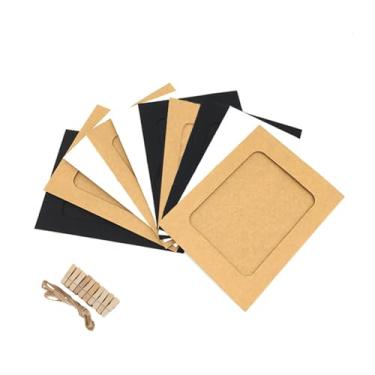 Imagem de Pacote com 50 porta-retratos de 13 x 18 cm, moldura de papel em 3 cores com clipes de madeira e corda de cânhamo para exibição de fotos, decoração de parede de casa, layout de quarto infantil, preto