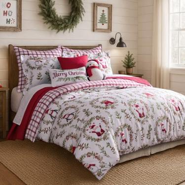 Imagem de Levtex Home - Conjunto de edredom de pinho e xadrez - edredom solteiro (172 x 223 cm) + uma fronha (51 x 66 cm) - guirlandas de férias - branco vermelho verde - reversível - poliéster