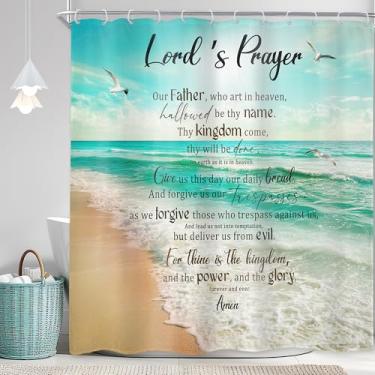 Imagem de Newsely Cortina de chuveiro com versículo bíblico para praia, oceano, 182 cm L x 182 cm Citação inspiradora das escrituras, gaivota, sol, verão, litoral, litoral, à prova d'água, acessórios para
